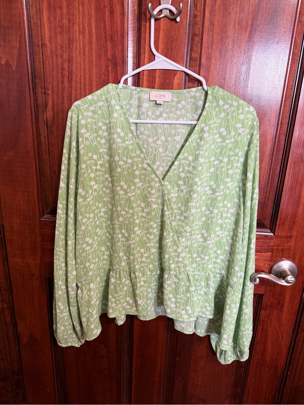 LOFT Light Green Floral V-Neck Peplum Blouse